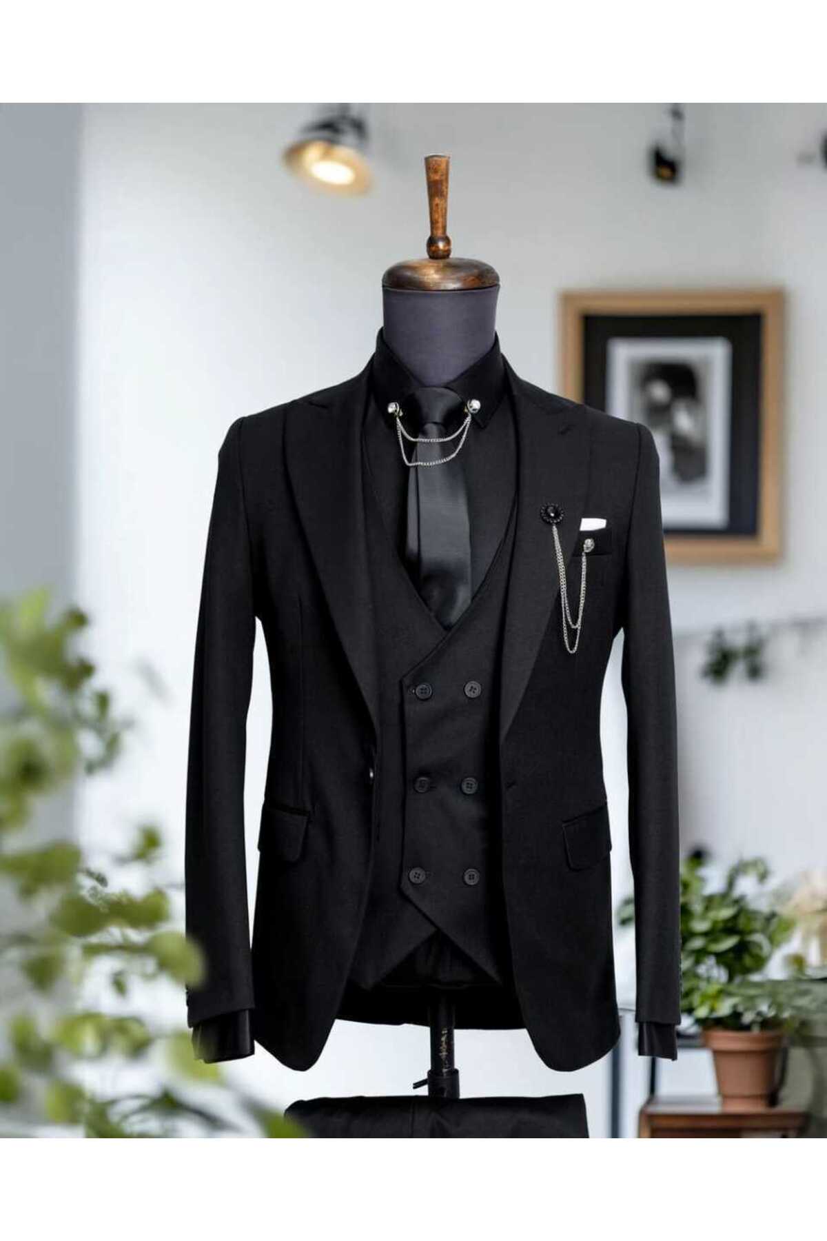 کت و شلوار جلیقه مشکی یقه نوک تیز Nikol - Slim Fit — رنگارنگ ST00702-Black — تصویر 2 از 3