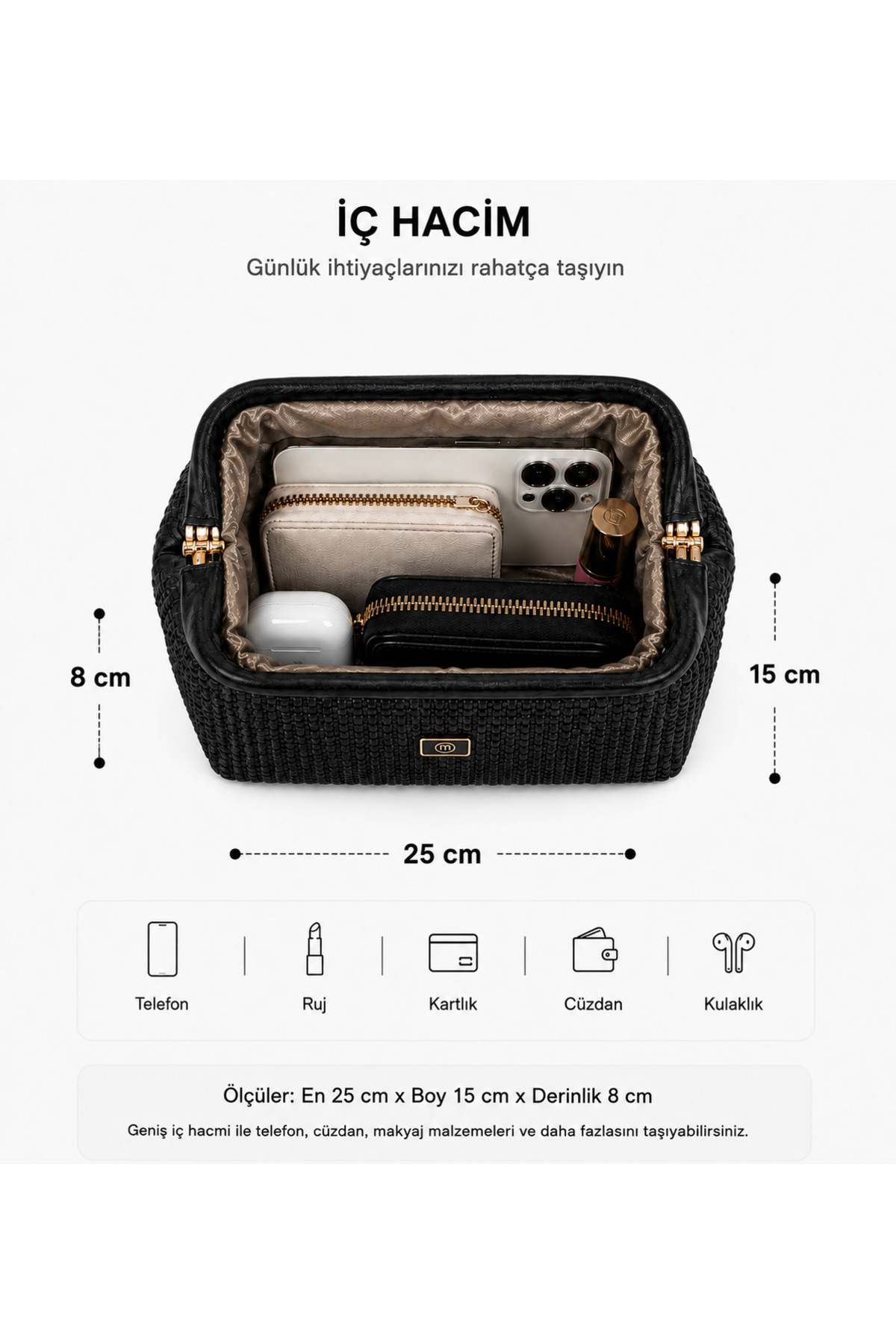 Mimoza Kadın Siyah Hasır Görünümlü Suni Deri Portföy ve Clutch Çanta görsel 6
