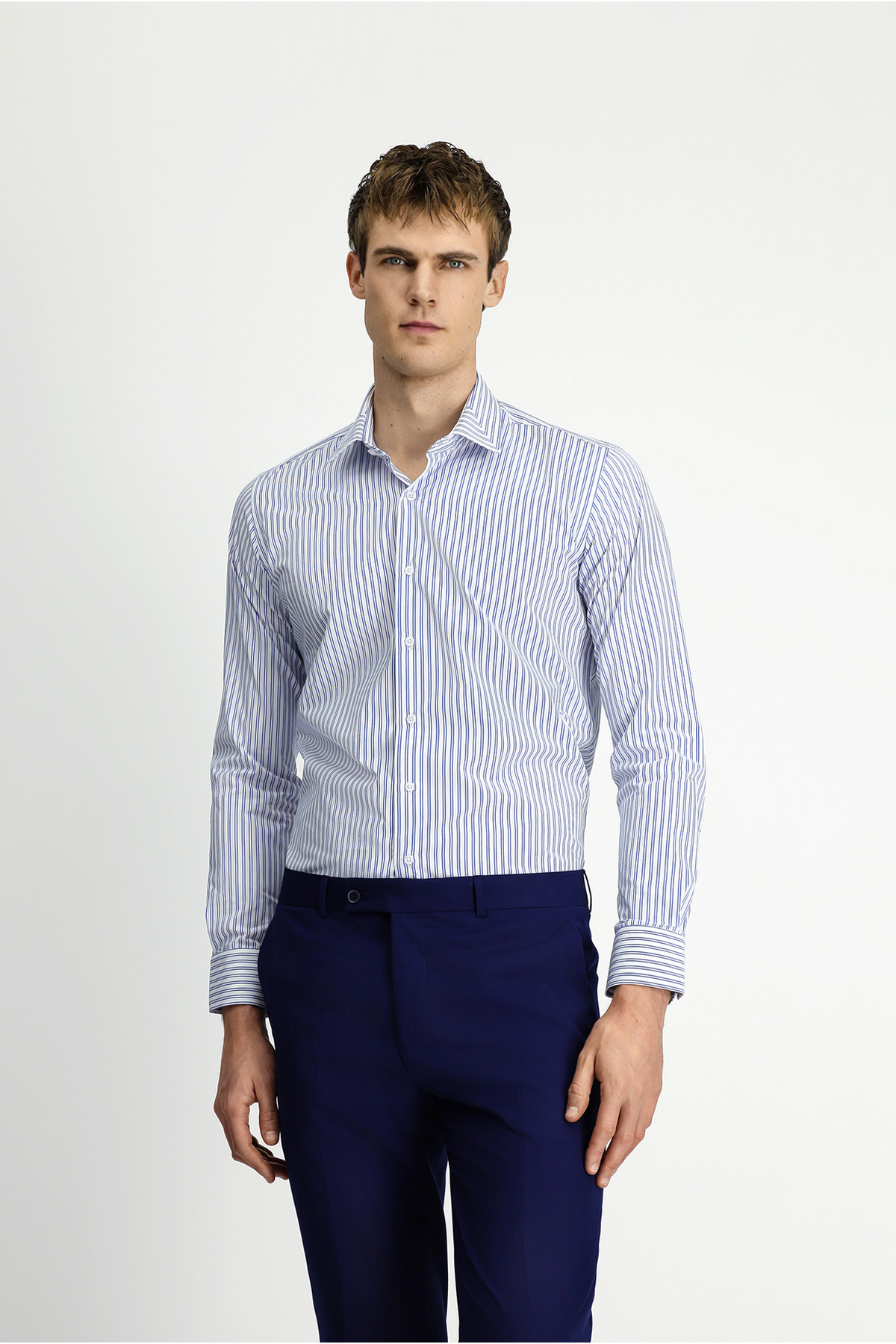 Kiğılı Uzun Kol Klasik Slim Fit Dar Kesim Pamuklu Kolay Ütülenebilir Çizgili Gömlek görsel 5