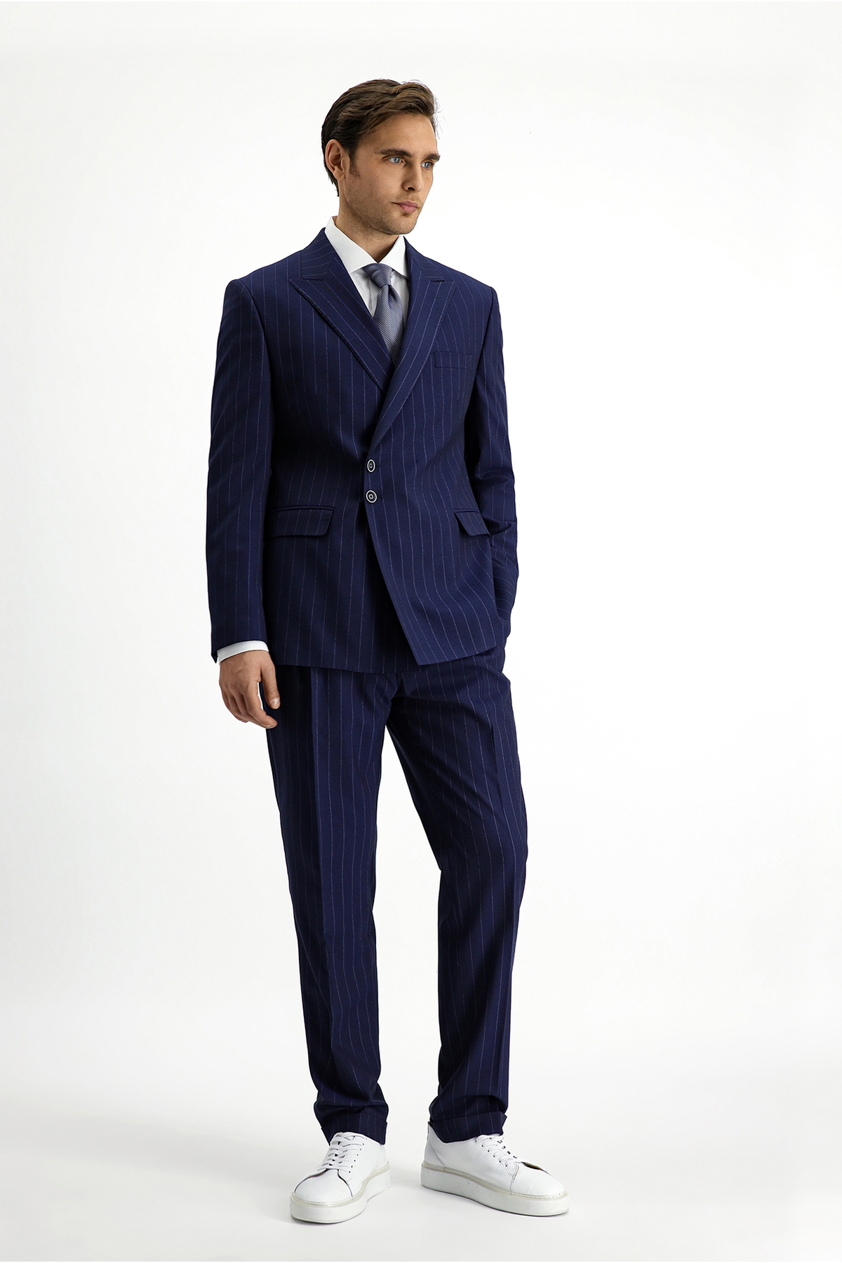 7 Drop Slim Fit Dar Kesim Çizgili İtalyan Kesim Kruvaze Takım Elbise — سرمه‌ای KSSZ1U76CZ062 — تصویر 3 از 7