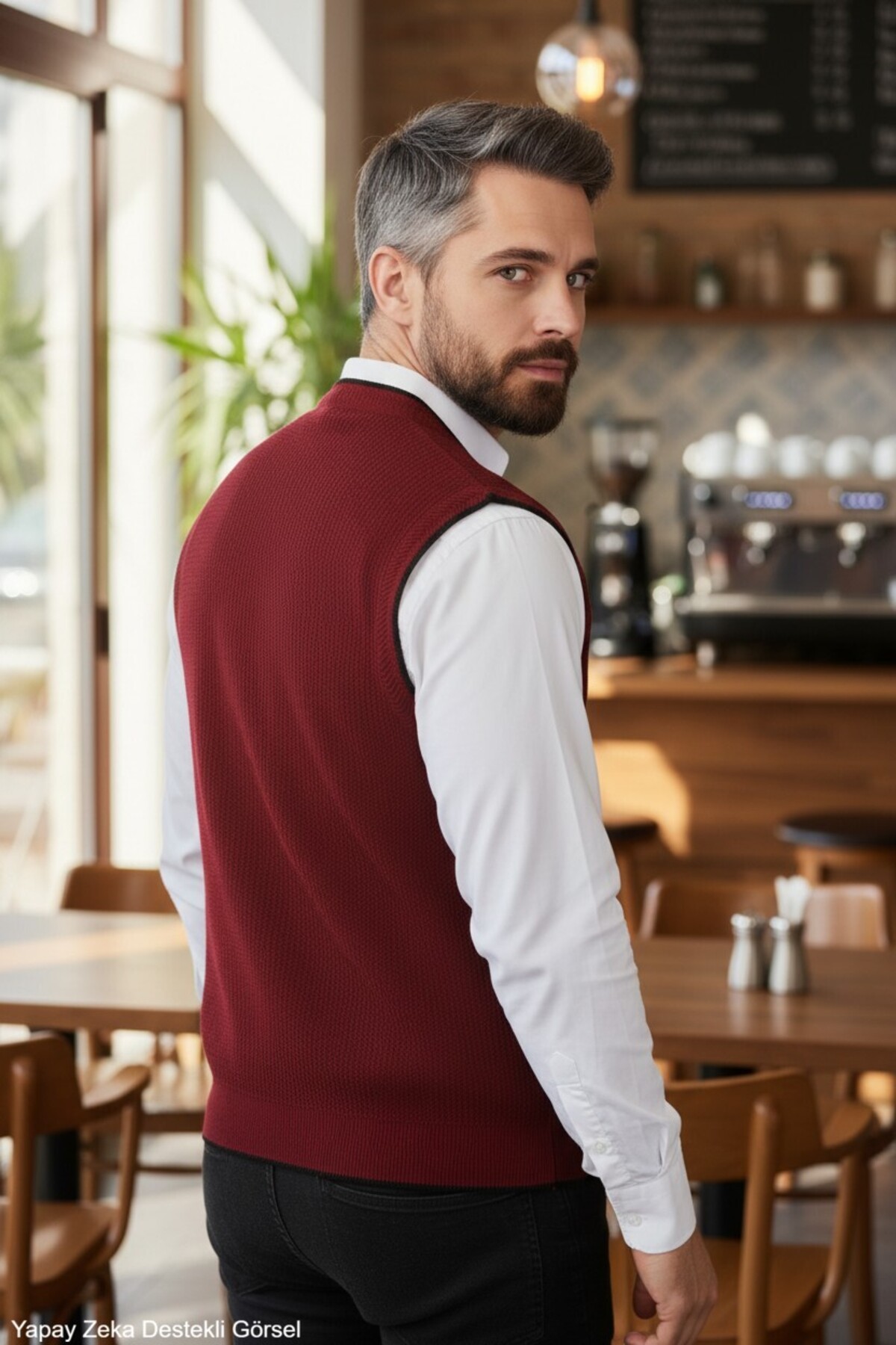 Kamalı Erkek Bordo V Yaka Triko Düğmeli Cepli Çizgi Desenli Regular Fit Tüylenmeyen Örgü Yelek görsel 3
