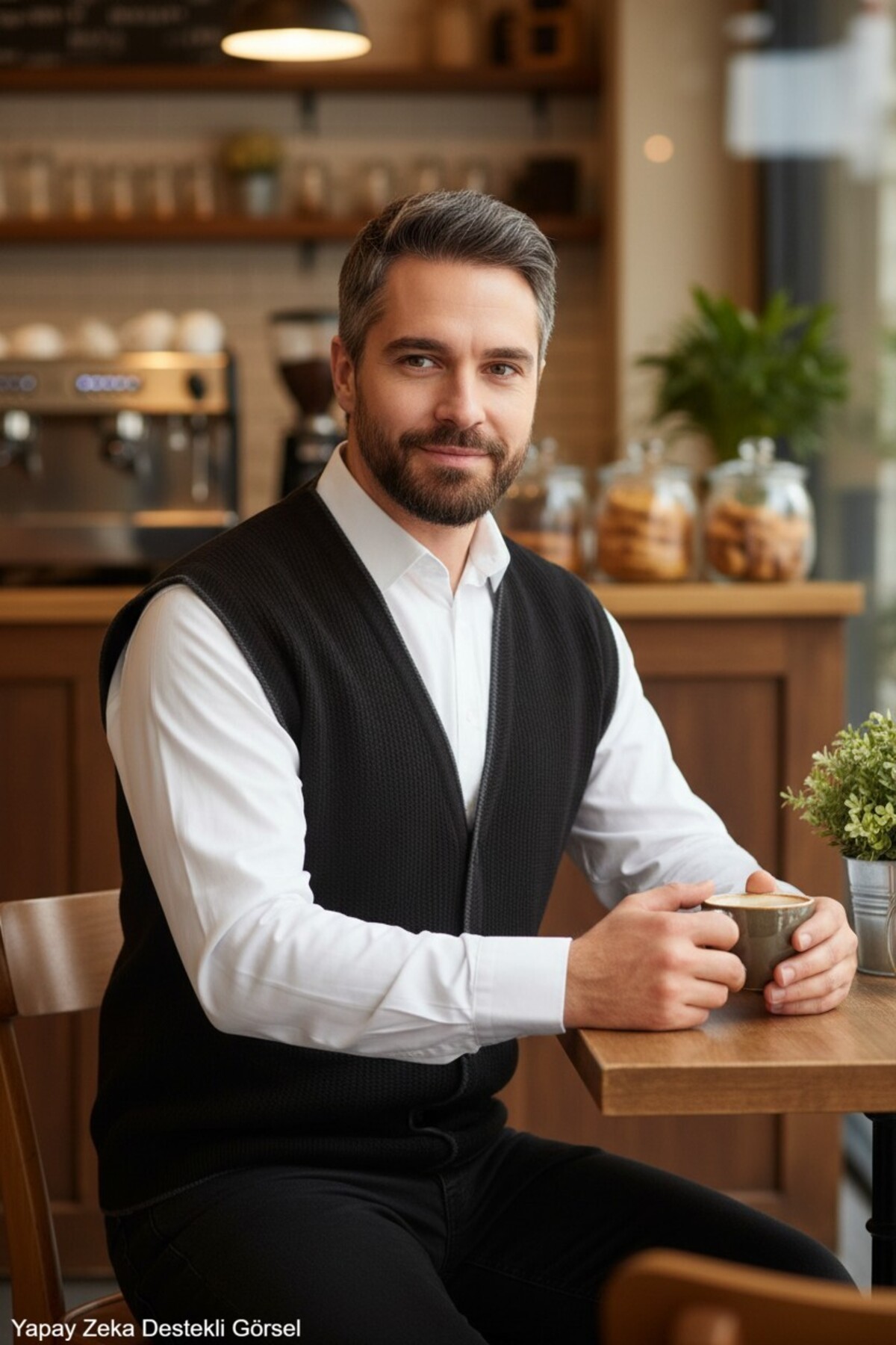 Kamalı Erkek Siyah V Yaka Triko Düğmeli Cepli Çizgi Desenli Regular Fit Tüylenmeyen Örgü Yelek görsel 2