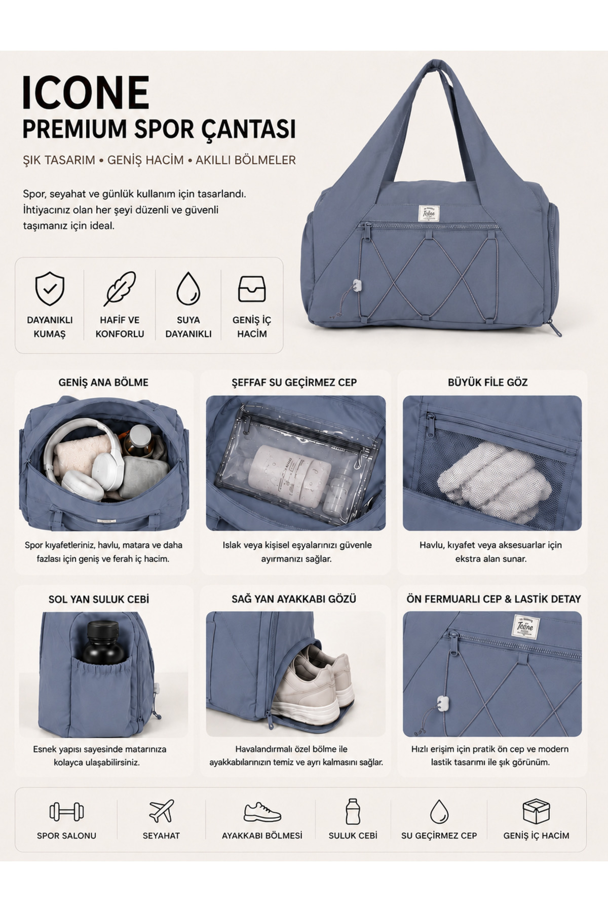 ICONE BAG Kadın Spor ve Yoga Çantası, Çok Cepli, Ayakkabı Bölmeli, Lastik Detaylı, Fermuarlı Ön Cep görsel 5