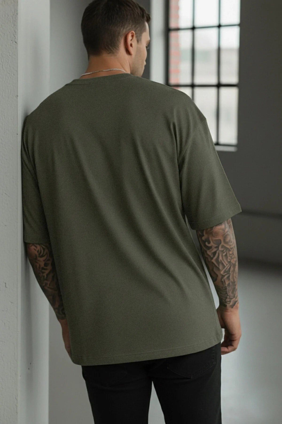 Teenage Millionaire Erkek Haki Yeşili Bisiklet Yaka Düz Basic Baskısız Oversize Salas T-Shirt görsel 5