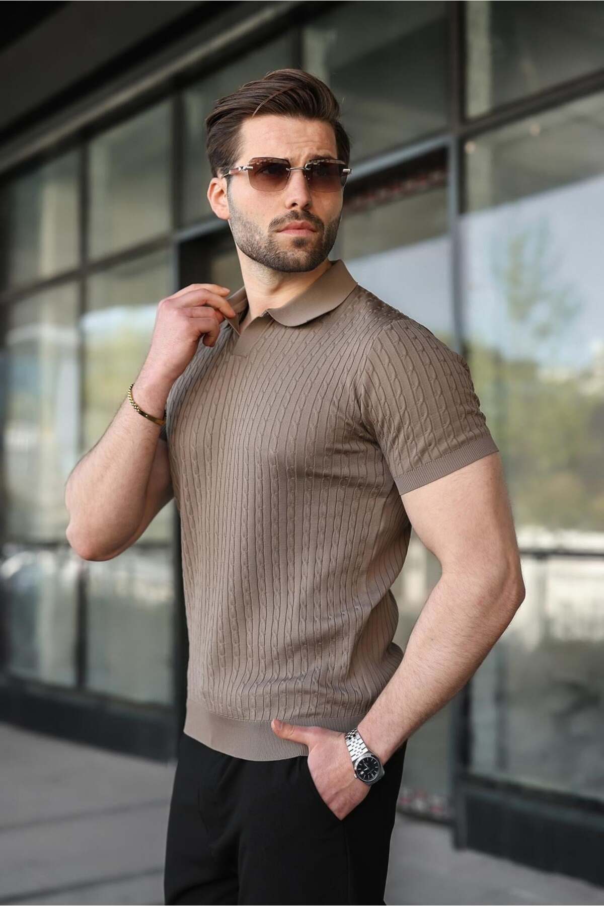Madmext Light Brown Slim Fit Polo Collar Knitwear Men's T-Shirt E7472