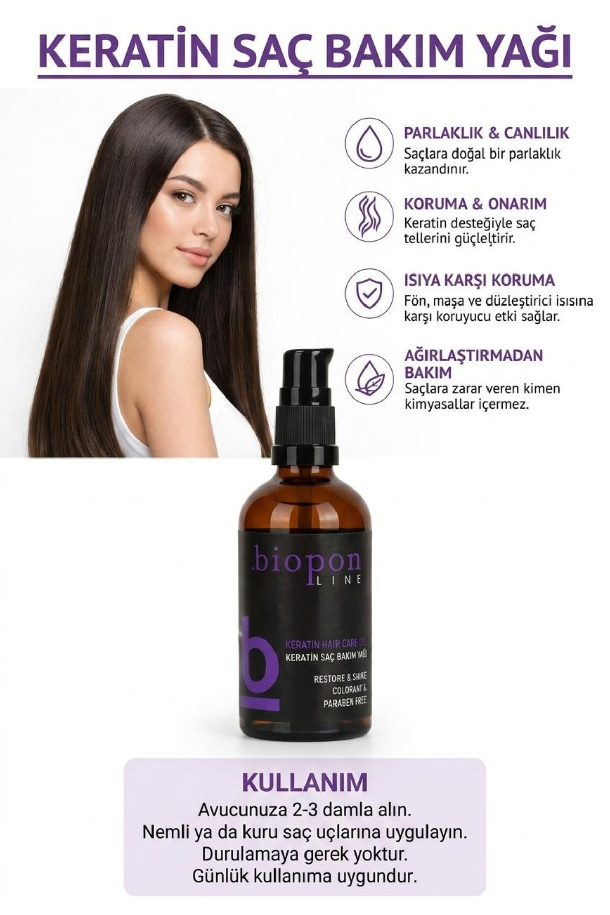 Keratin Saç Bakım Yağı 100 ML – Onarıcı, Besleyici, Parlaklık Veren & Isı Koruyucu Profesyonel Saç Serumu — BIOPONSAC — تصویر 2 از 3