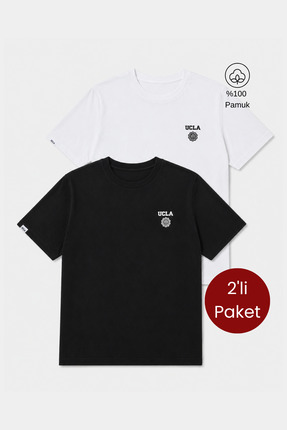 Ucla BASS 2'Li Set Beyaz & Siyah Bisiklet Yaka Baskılı %100 Pamuk Standard Fi...
