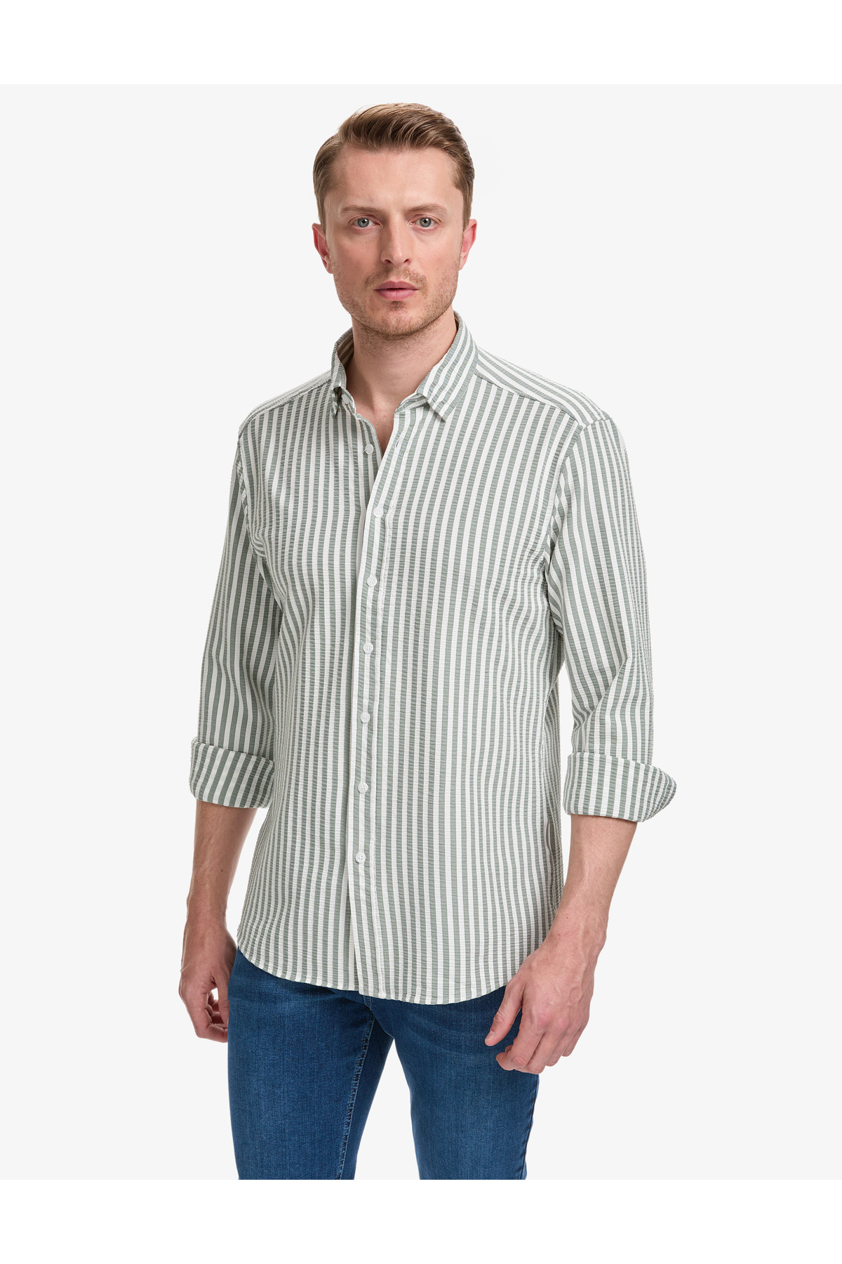 پیراهن آستین بلند راه راه خاکی معمولی 50320859-VR027 پیر کاردین پیراهن Pierre Cardin