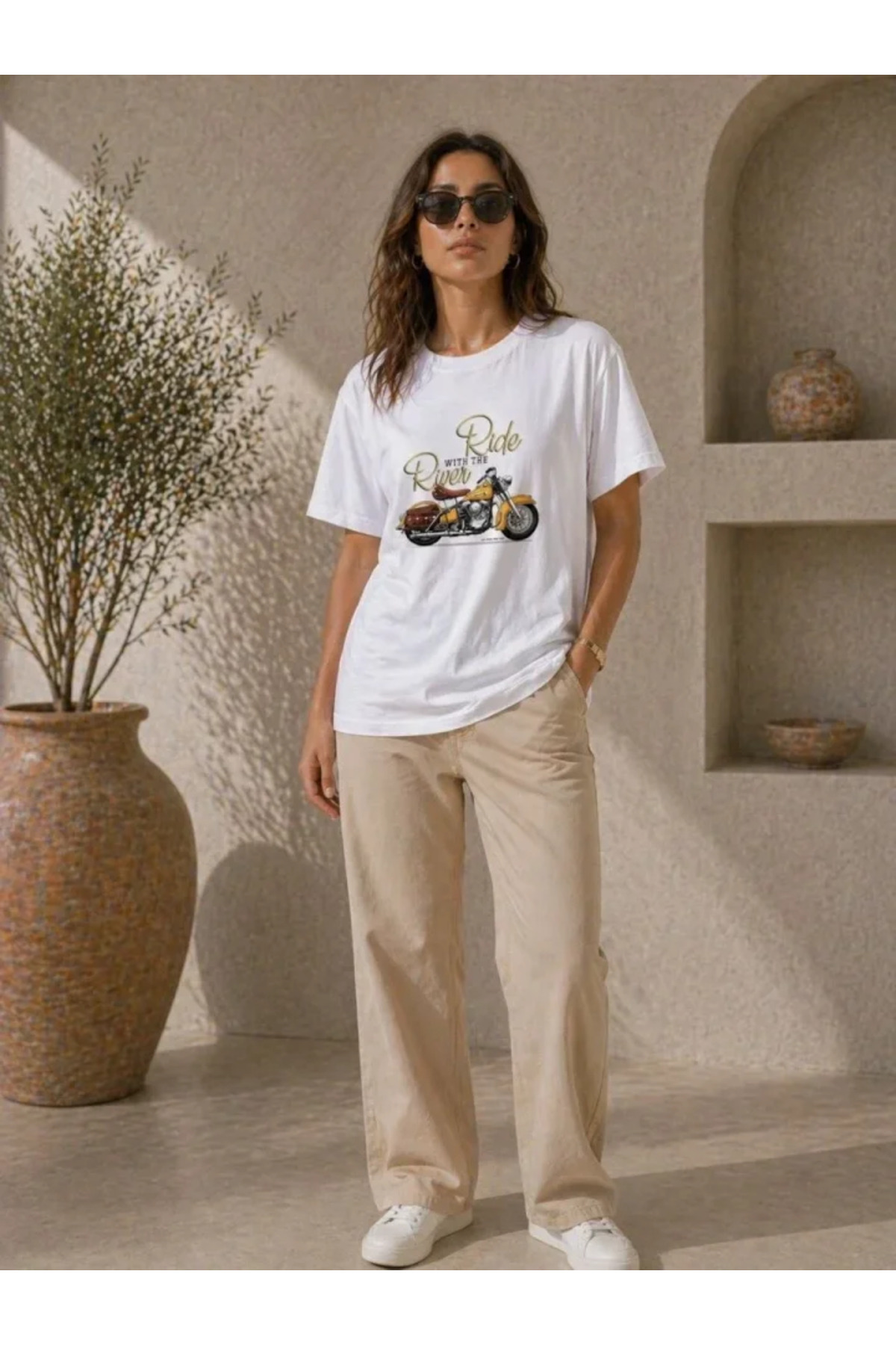 Motosiklet Baskılı Tişört Bisiklet Yaka Kısa Kol Yazlık T-Shirt - Beyaz alternatif görünüm