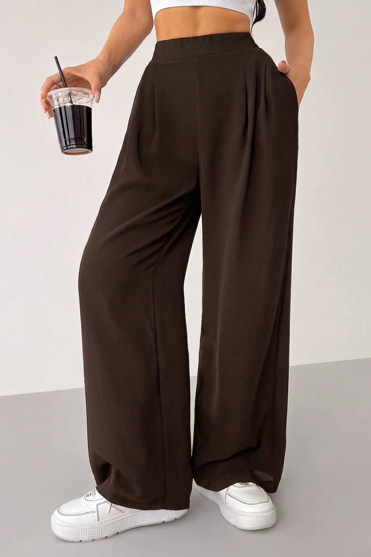 Women's Pants Scuba Crepe Fabric Elastic Waist Pleated Wide Leg Palazzo Pants