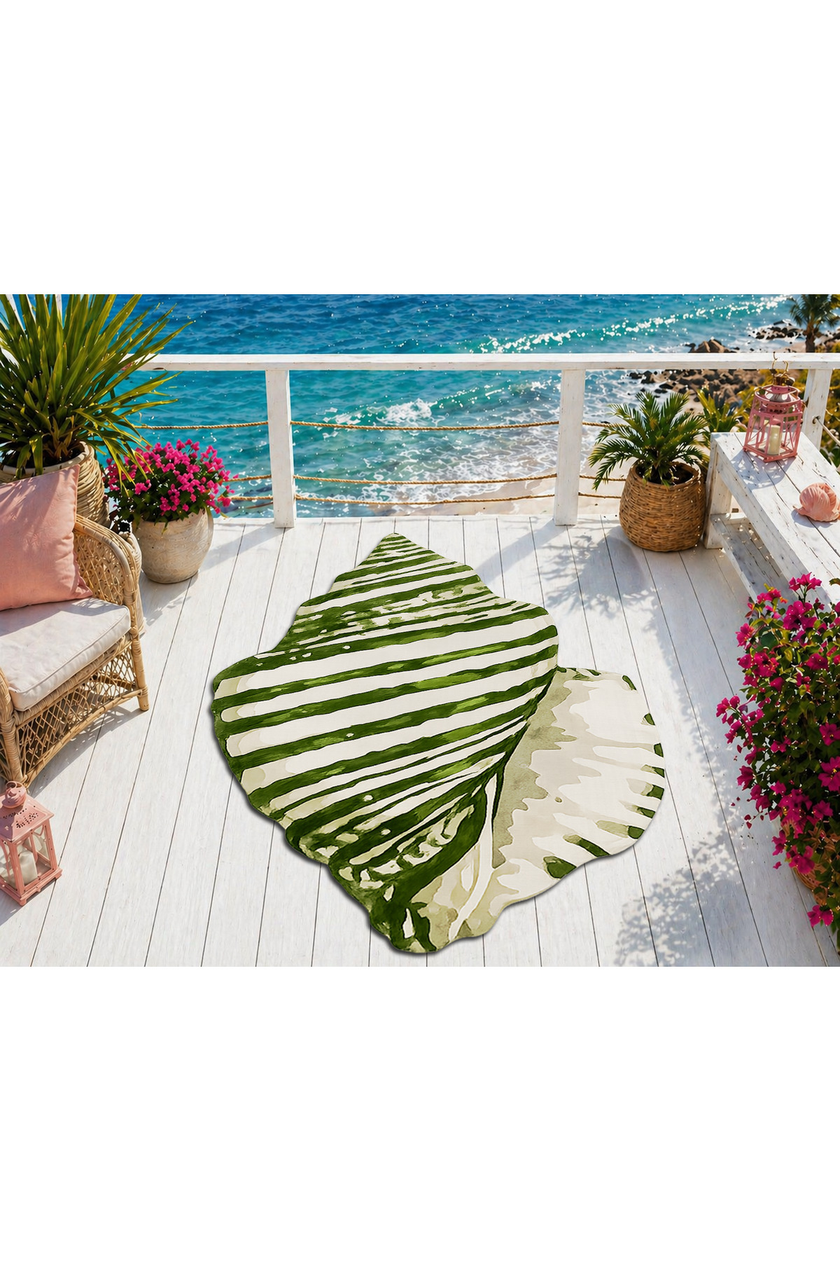 SDT Green Seashell Patterned Modern Woven Sole Decorative Carpet sdt937