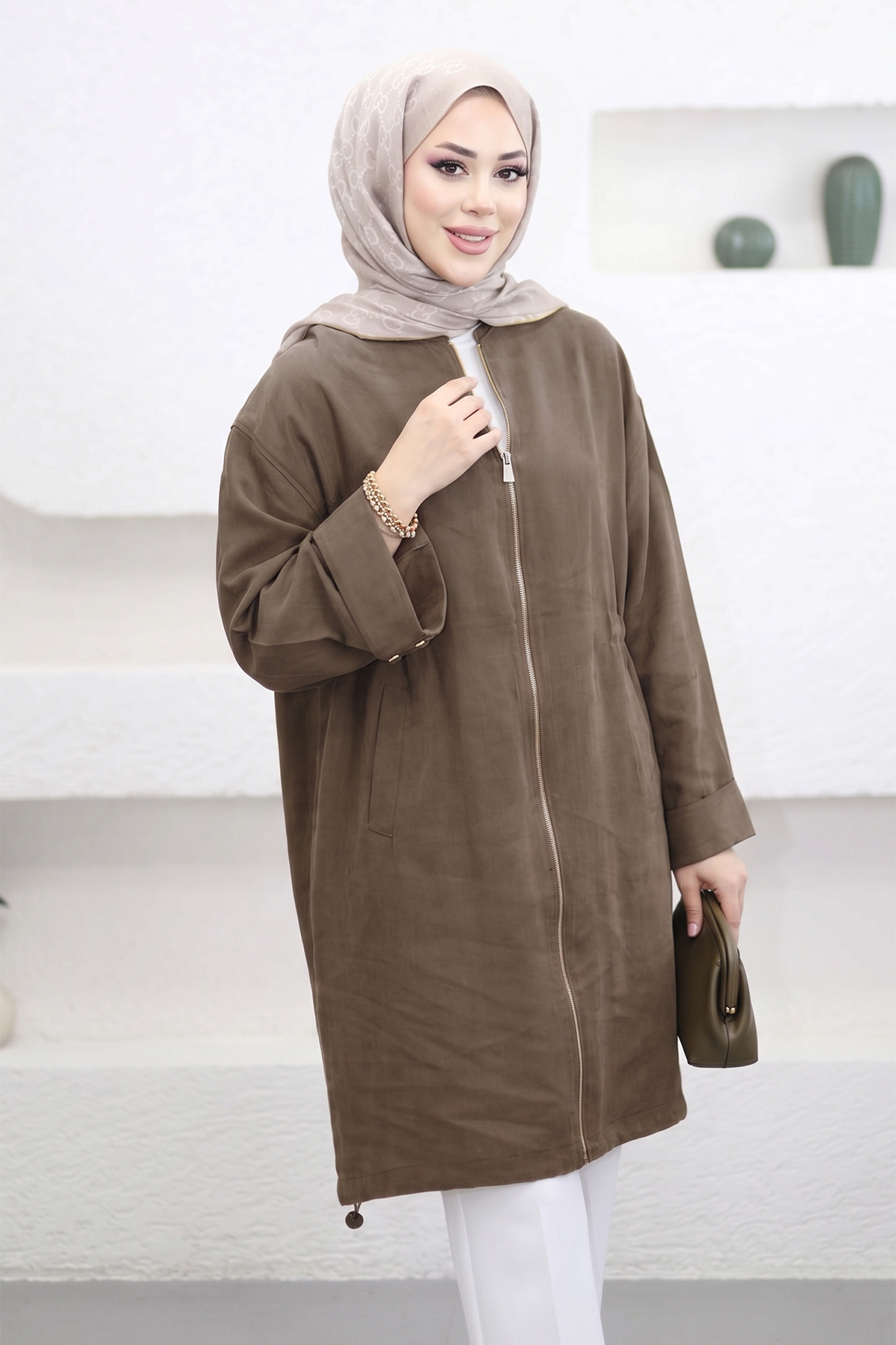 Suede Style 6346 - Rahat Fermuarlı Cepli Kol Düğme Detaylı Uzun Tunik