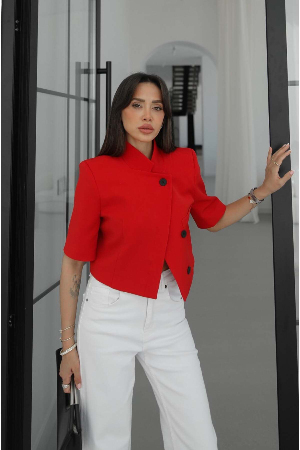 Havoş  Kırmızı Kısa Kollu Crop Blazer Ceket - Görsel 3