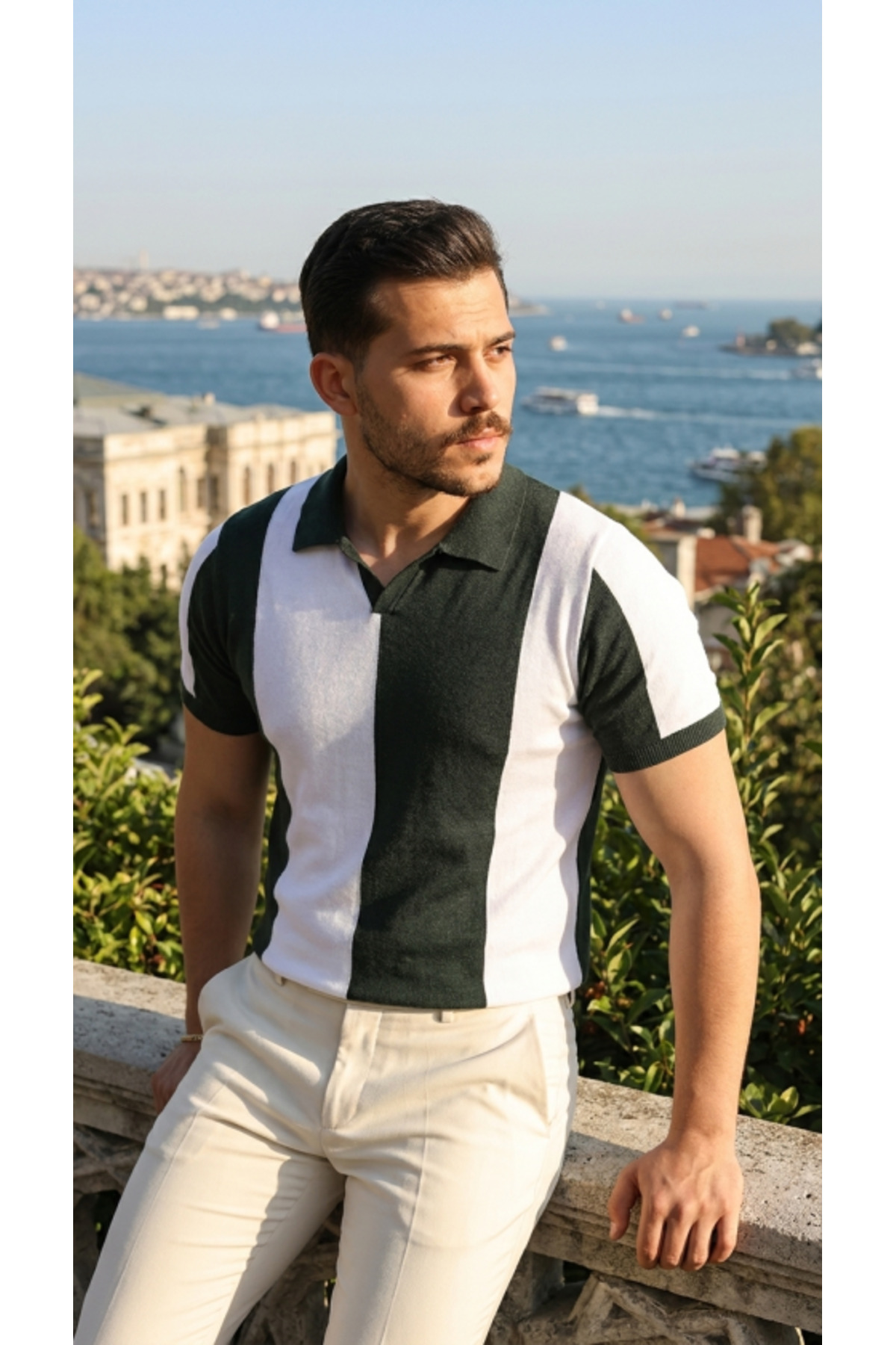 Erkek Kısa Kollu Polo Yakalı Blok Desenli Triko Bluz