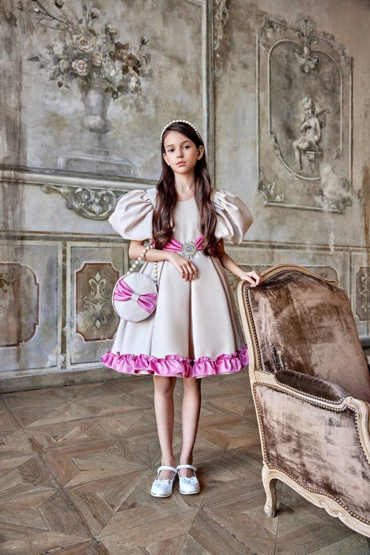 PİXİNADELUXE Özel Tasarım Saten Balon Kol Çocuk Elbise
