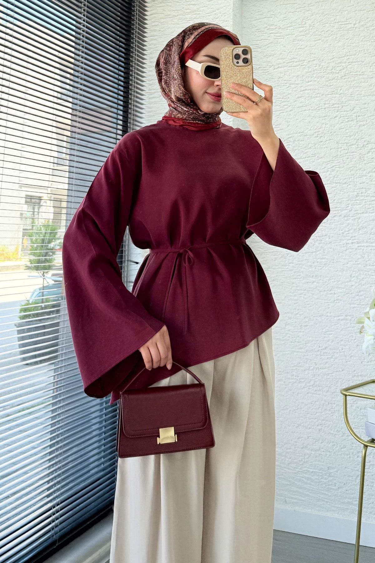 MELEK ARAZ Asimetrik Kesim Volan Kol Modal Bluz, Bordo