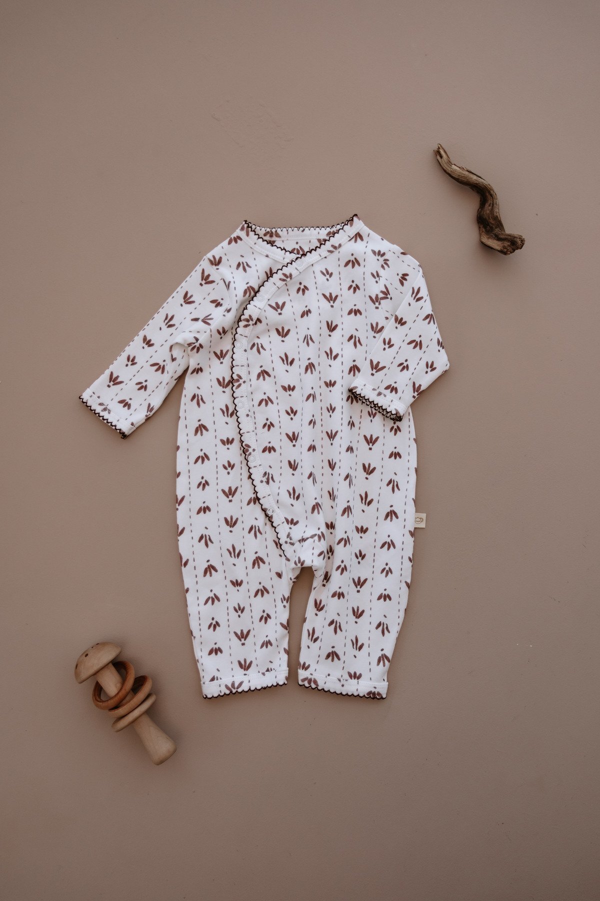 Coffee Floral Patterned Lace Detailed Wrap Jumpsuit