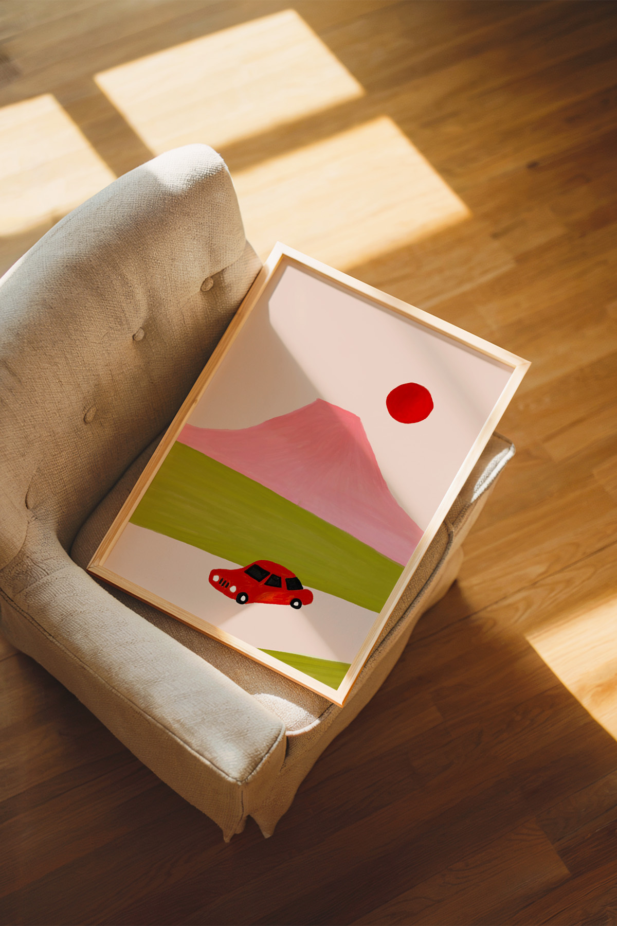 Minimal Dağ Yolu Tablo Poster Pembe Manzara Araba İllüstrasyon Çerçevesiz