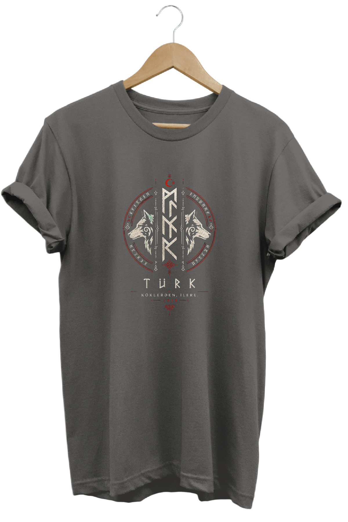 Göktürk Turkish Written and Double Graywolf Printed Special Design T-Shirt