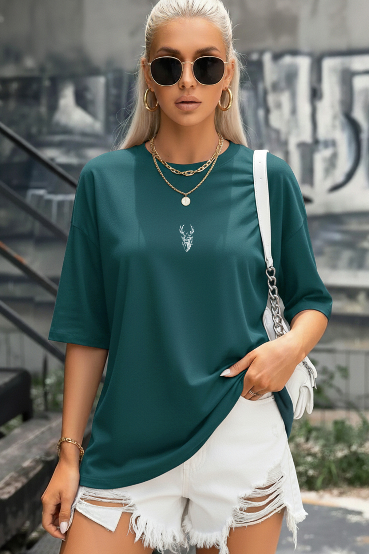 Women's Petroleum Green Deer Oversized Salad Boyfriend T-shirt