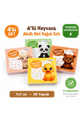 POLABOOK Hayvanlı 4’lü Mini Akıllı Not Kağıdı Seti 50 Sayfa – Yapışkansız Pos...