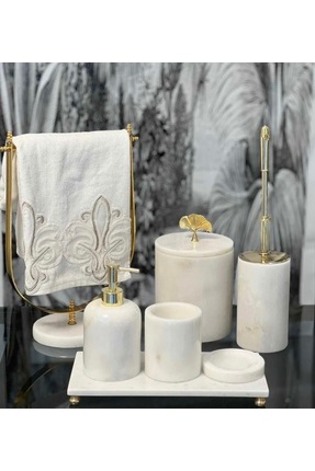 ege gross DEKORATİF DOĞAL BEYAZ MERMER 7 PARÇA GOLD YAPRAK BANYO SETİ (U HAVL...