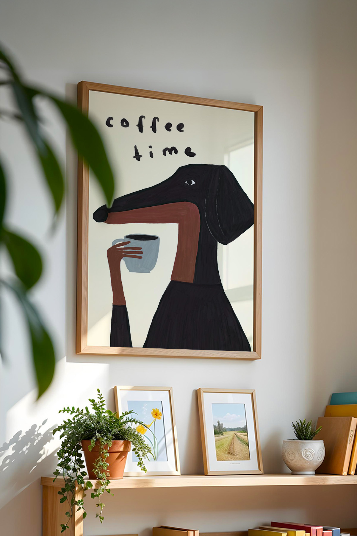 Kahve ve Köpek Poster Mizahi Modern Tablo Duvar Dekoru Çerçevesiz