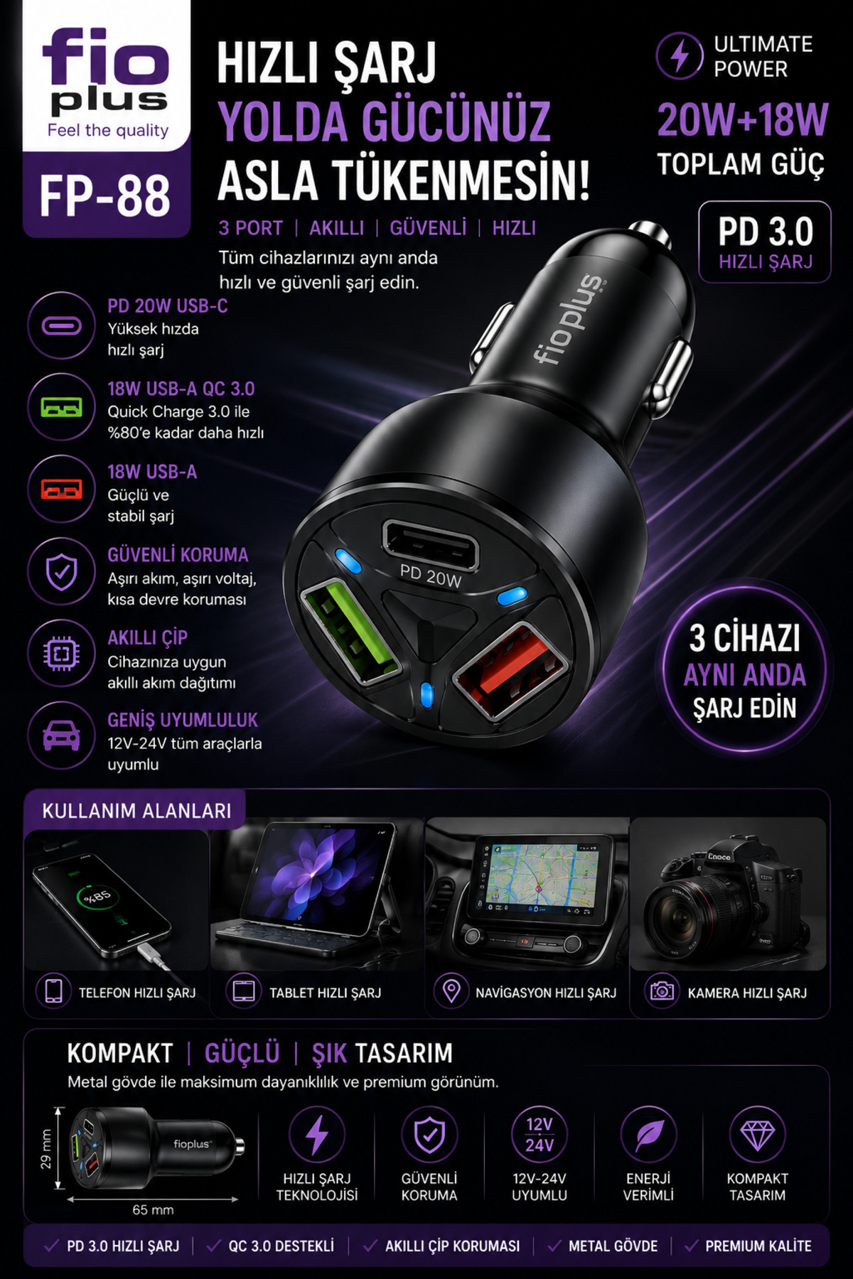 20W+18W Akıllı Araç Şarj Adaptörü