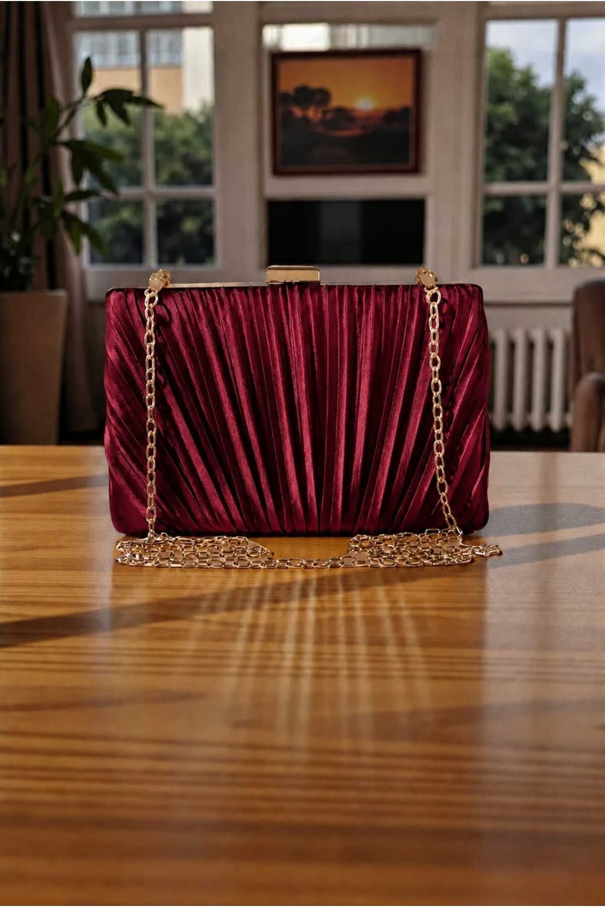 ZEYYMODA Kadın Bordo Saten Pilse Desenli Abiye Çanta Clutch Portföy El Abiye Çantası
