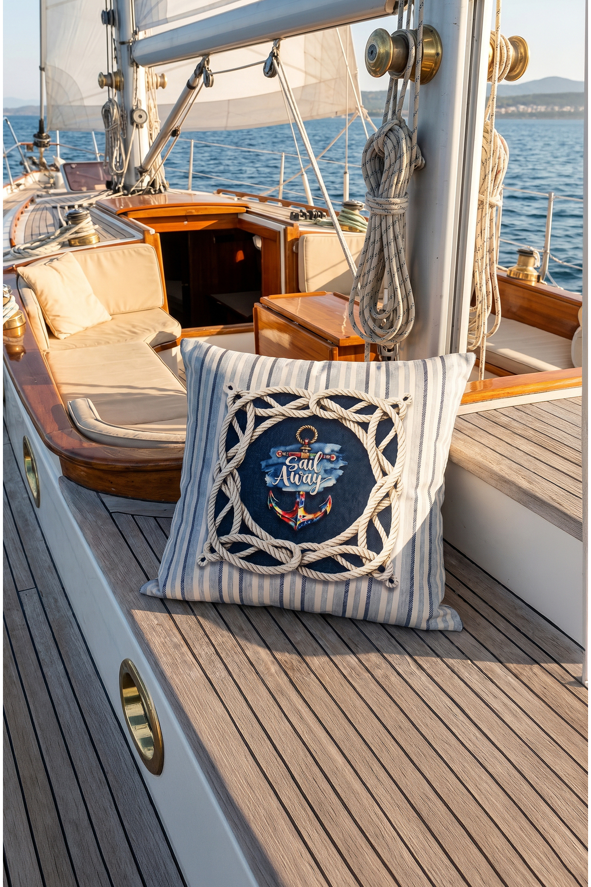 MARİNE SEA Pattern Blue, White Square Pillow 43 x 43 Cm Double Sided Pillowcase