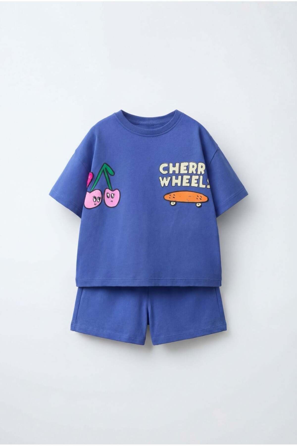 Magu Girl's Cotton Cherry and Skateboard Printed T-Shirt Shorts Set