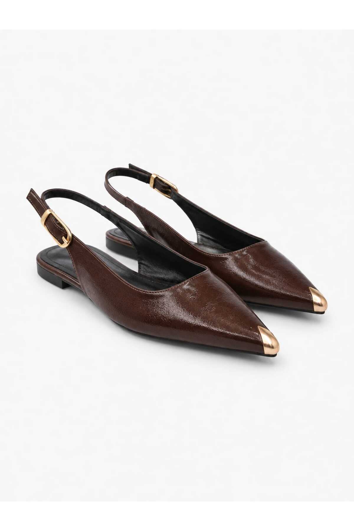 CİMİLİ SHOES Kadın Siyah Kırışık Rugan Metal Burunlu Detay Babet görsel 5