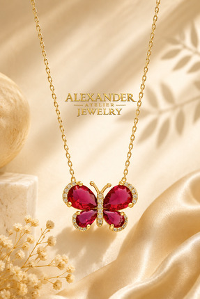 Alexander Atelier kelebek yakut ruby taşlı 14k altın kaplama 925gümüş