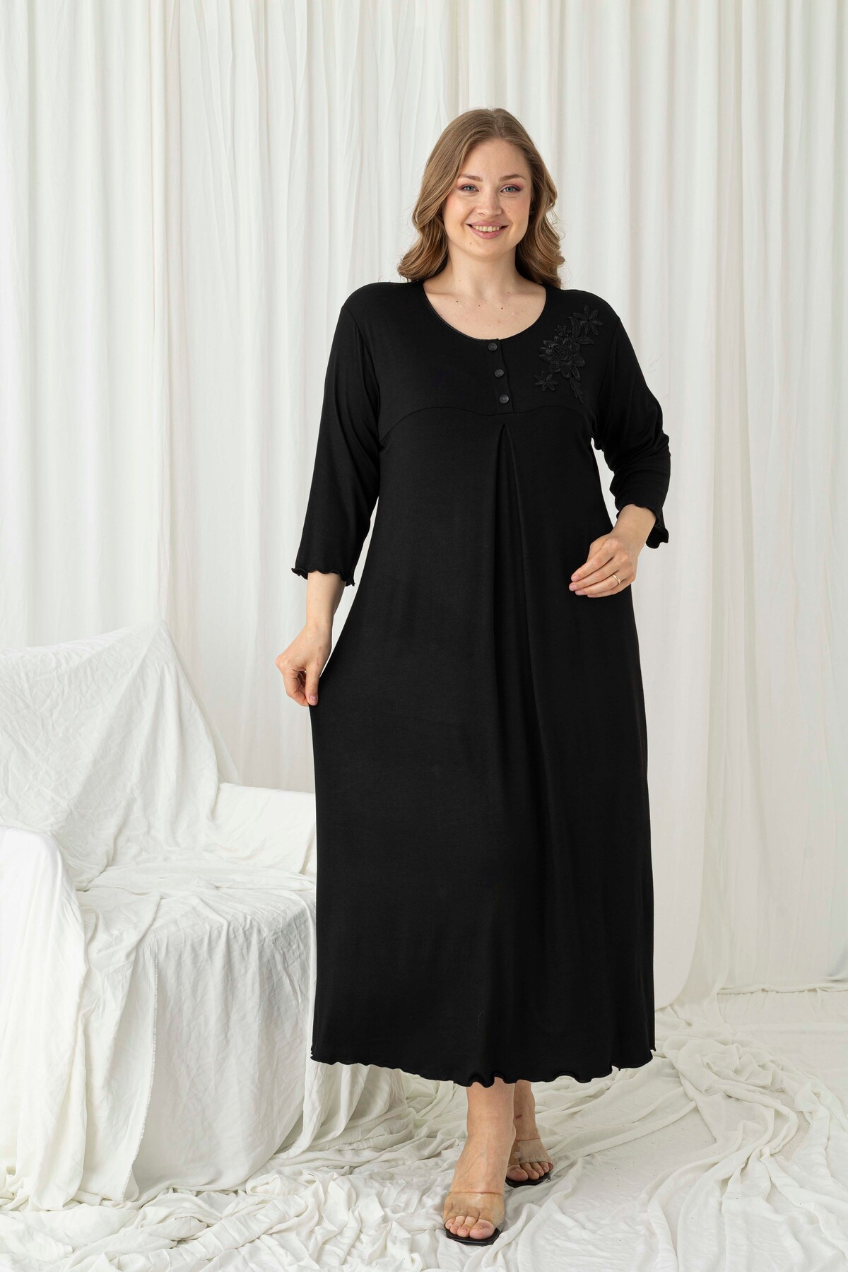 Black Lace Detailed Ring Viscose Plus Size Three Quarter Sleeve Dress