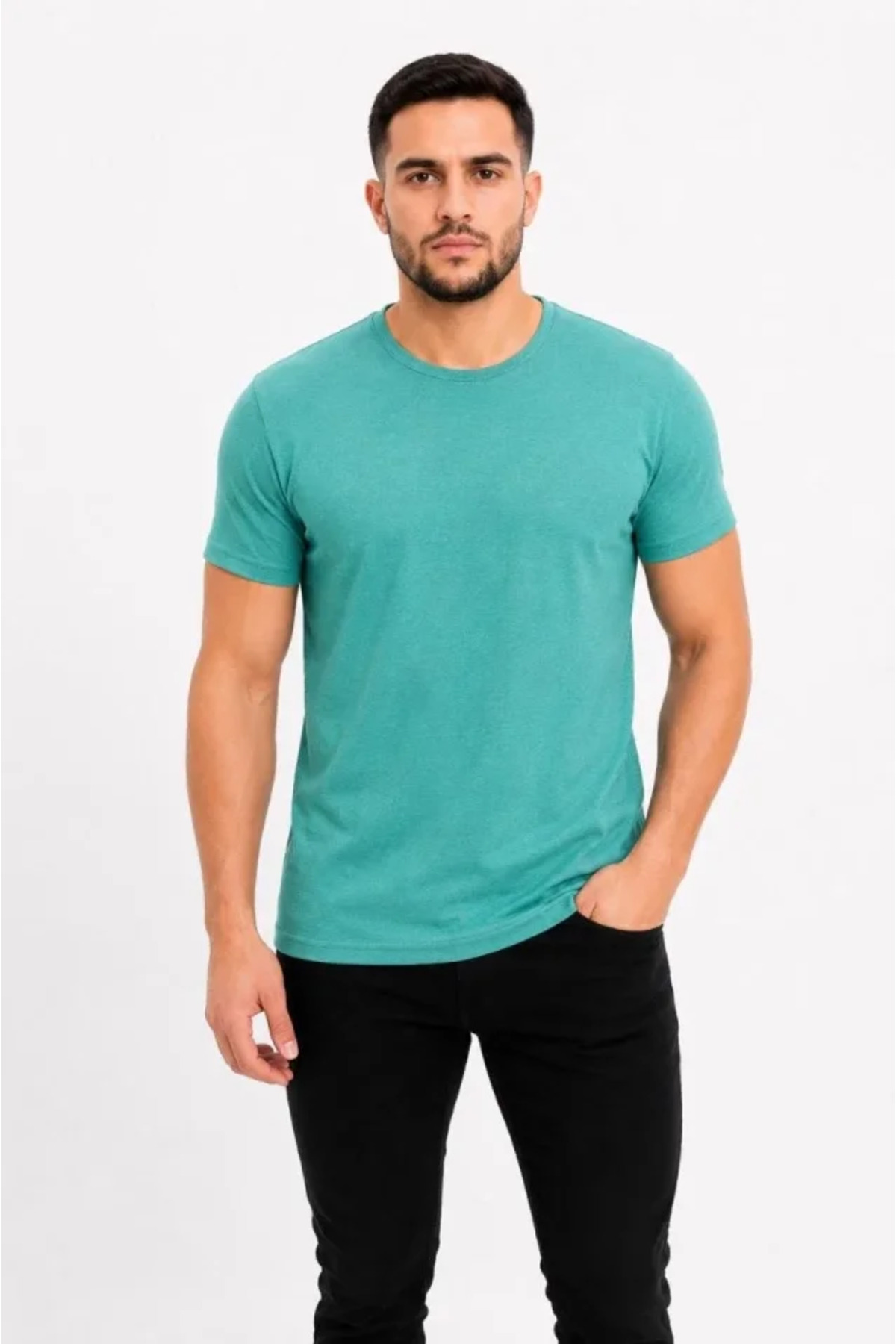 Erkek Basic Tişört Bisiklet Yaka Kısa Kol Günlük Yazlık Slim Fit T-Shirt - Su Yeşili alternatif görünüm