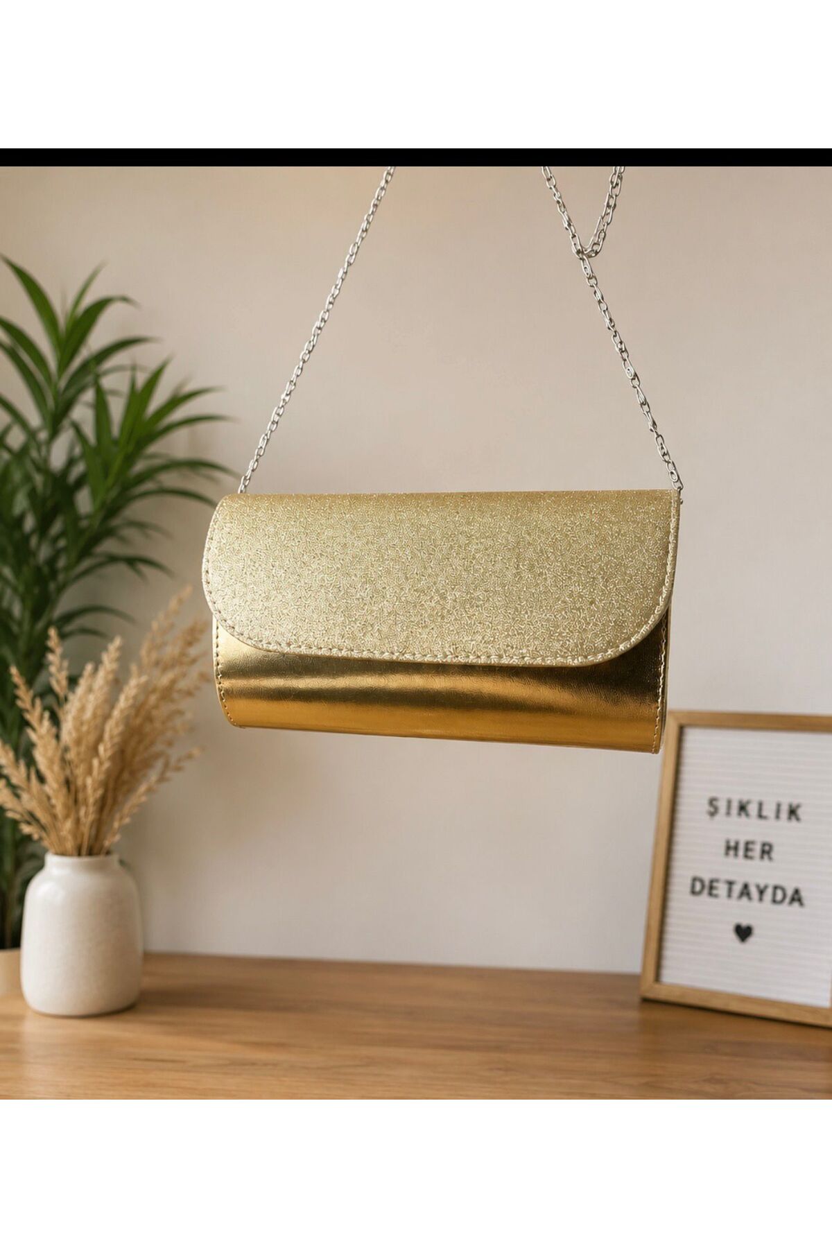 addy Gold Taşlı Görünümlü Zincirli Clutch Abiye Çanta görsel 2