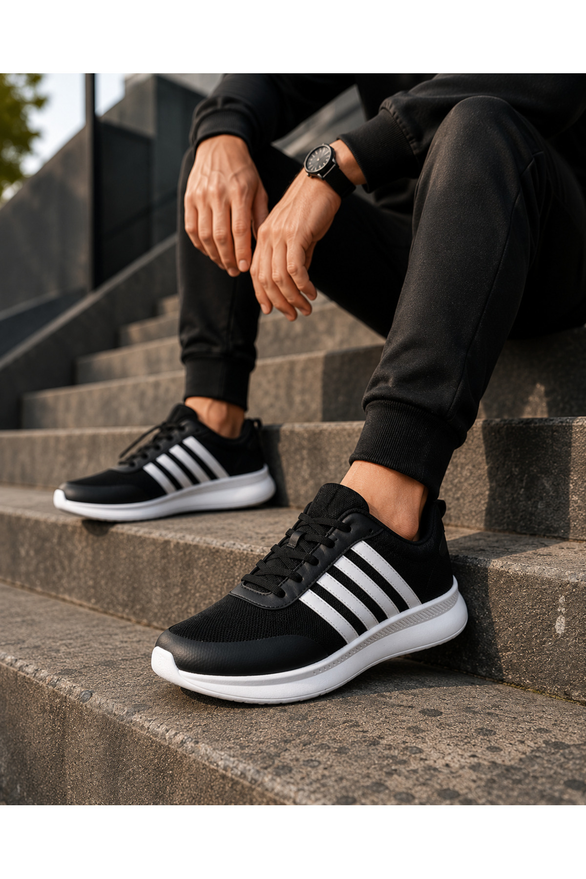 Walking Sneaker Beyaz Çizgili Beyaz Taban bağcıklı Erkek Spor Ayakkabı — مشکی YS00017