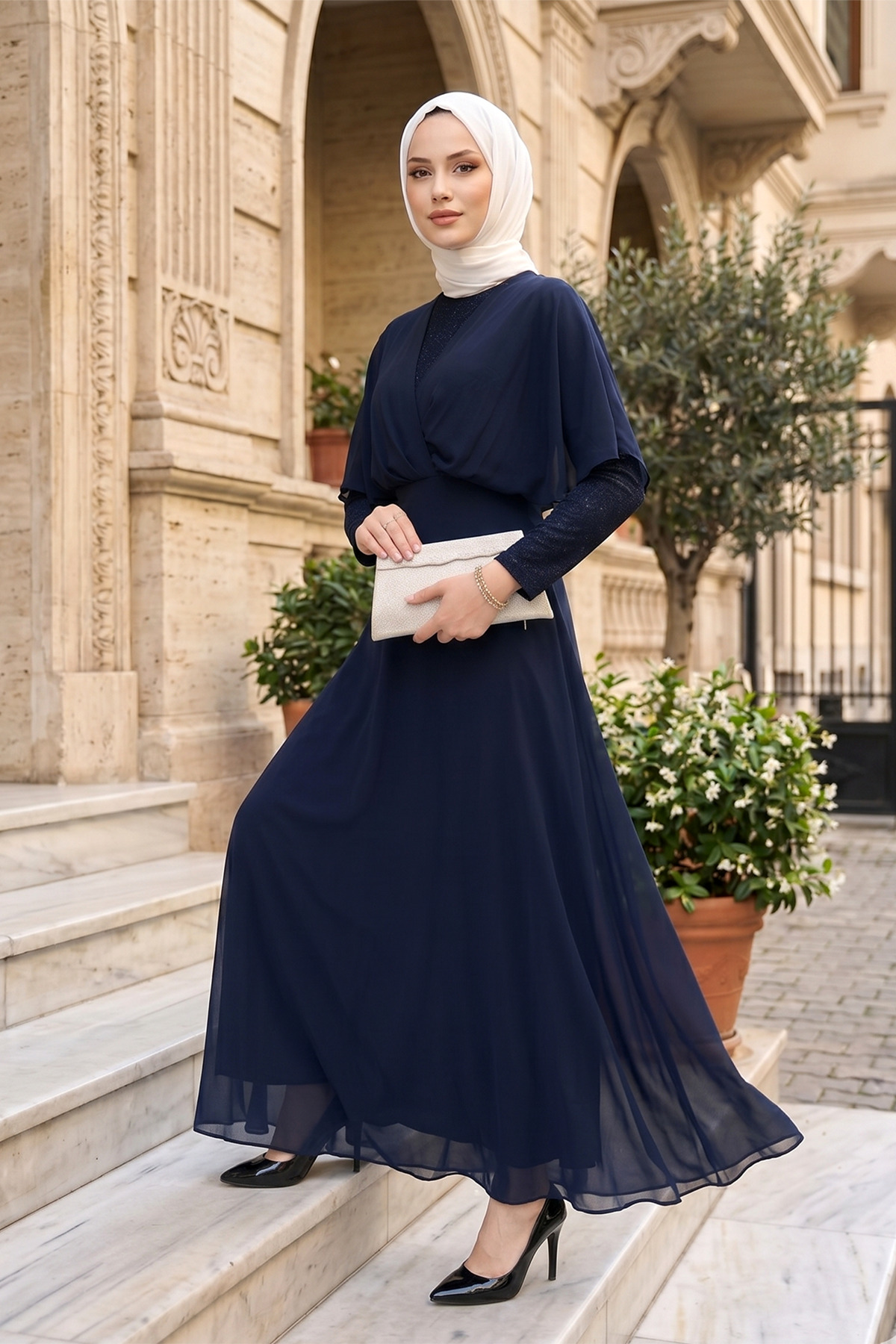 Glitter and Tulle Lined Chiffon Evening Dress Special Day Dress - Navy