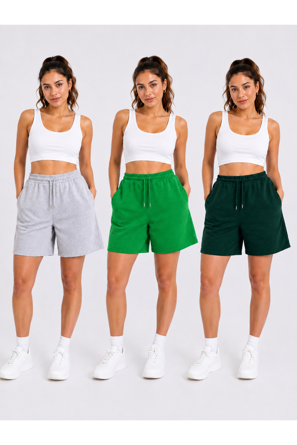 3-Piece Set Oversize Combed Cotton Shorts with Waist Tie Pockets 40 CM