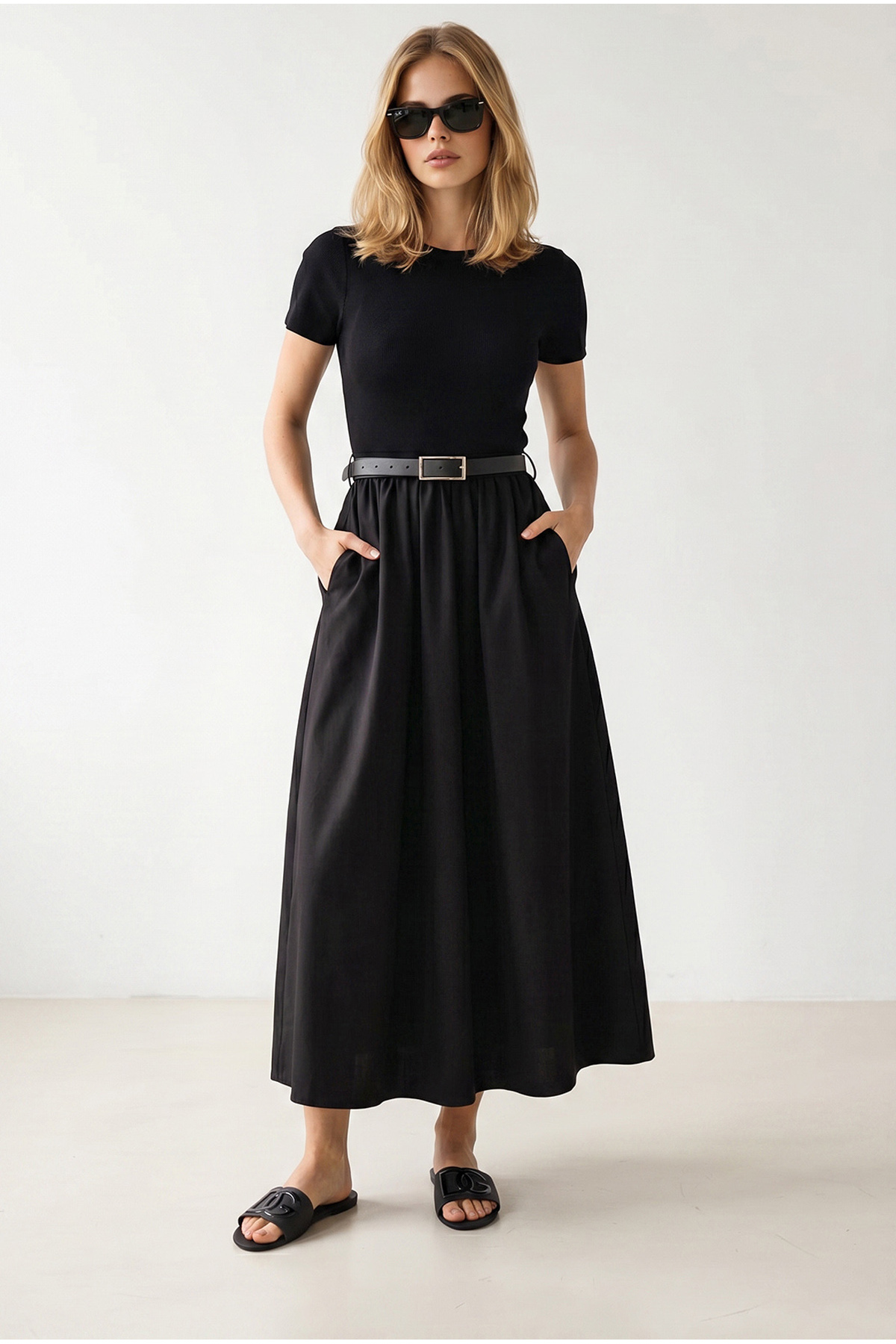 Olalook Women's Black Pocket Belted Midi Dress Elb-19002624