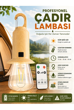 TAREZ PD-572 Güneş Enerjili Kamp Lambası Uzaktan Kumandalı Şarjlı LED Askılı ...