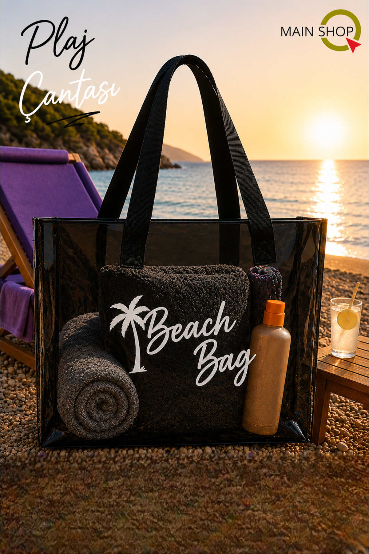 MAİN SHOP Büyük Boy Beach Bag Siyah Şeffaf Deniz Plaj Çantası M-PLJ02 görsel 7