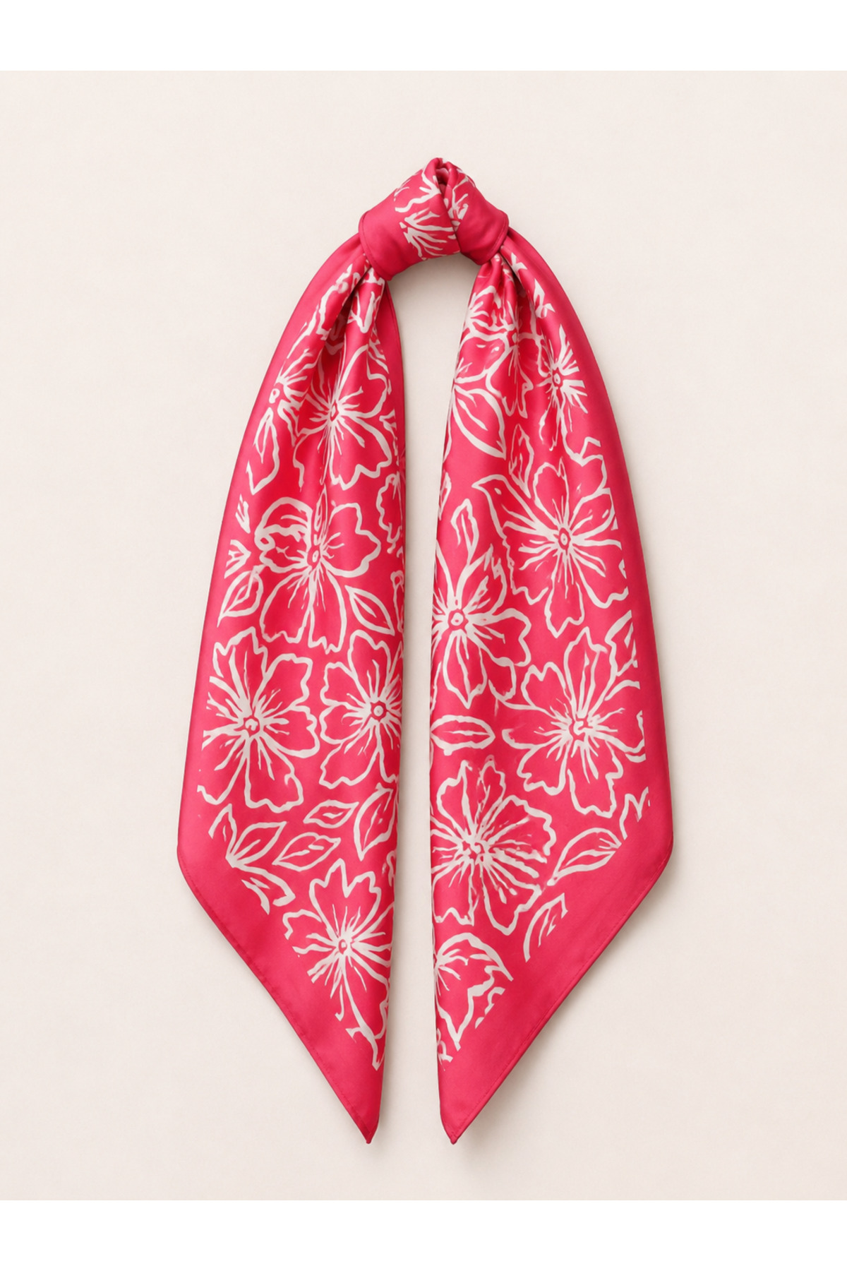 Fuchsia Floral Patterned Silky Satin Scarf – Elegant Square Neck, Hair and Bag Scarf