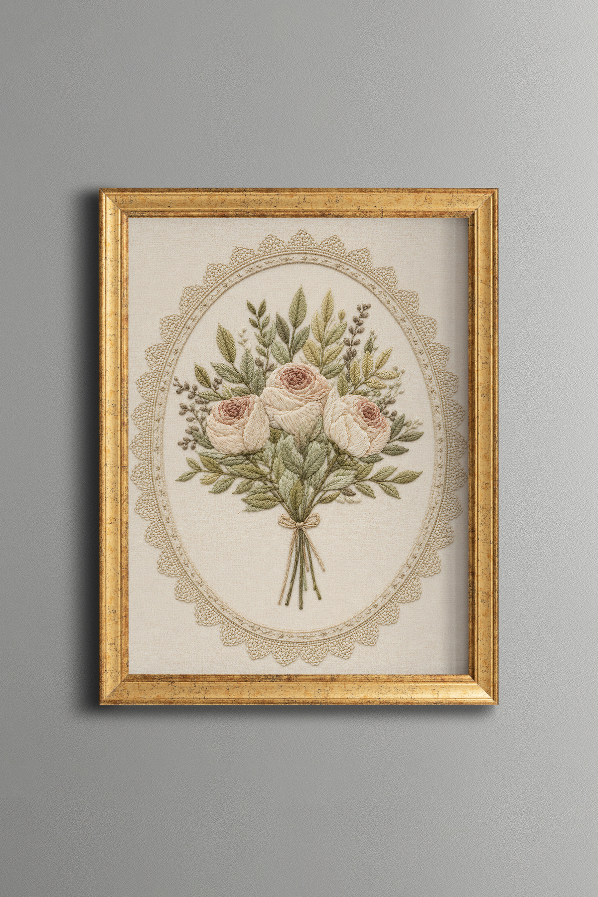 Pastel Roses with Embroidery Look - Vintage Pattern Frame - Slim Model