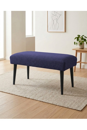 Azra Aksesuar Mavi Keten Kumaş Bench Puf 90x45x46 cm Ahşap Siyah Ayaklı Demon...