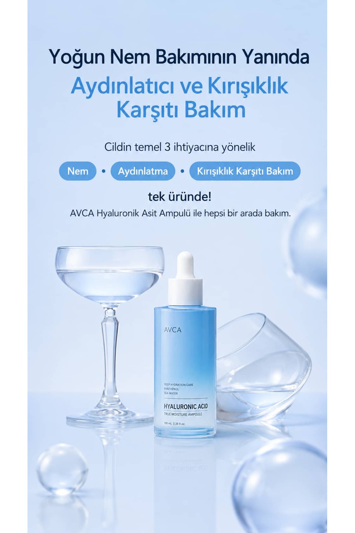 8 Çeşit Hyaluronik Asit ve Deniz Suyu İçeren Yoğun Nemlendirici, Kırışıklık Karşıtı, Aydınlatıcı Ampul - True Moisture Hyaluronic Acid Ampoule Serum 100 ml — AVC-AMP-HYA-100 — تصویر 3 از 8