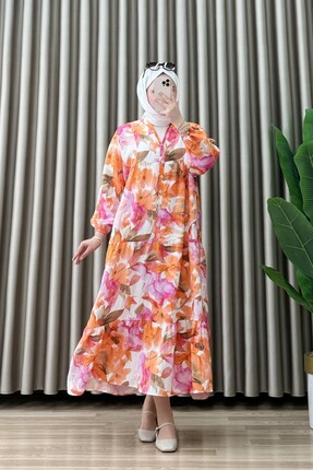 mercan moda IRMAK ELBİSE Modal Kumaş Kadın Turuncu Çiçek Desenli Yaka Açılabi...