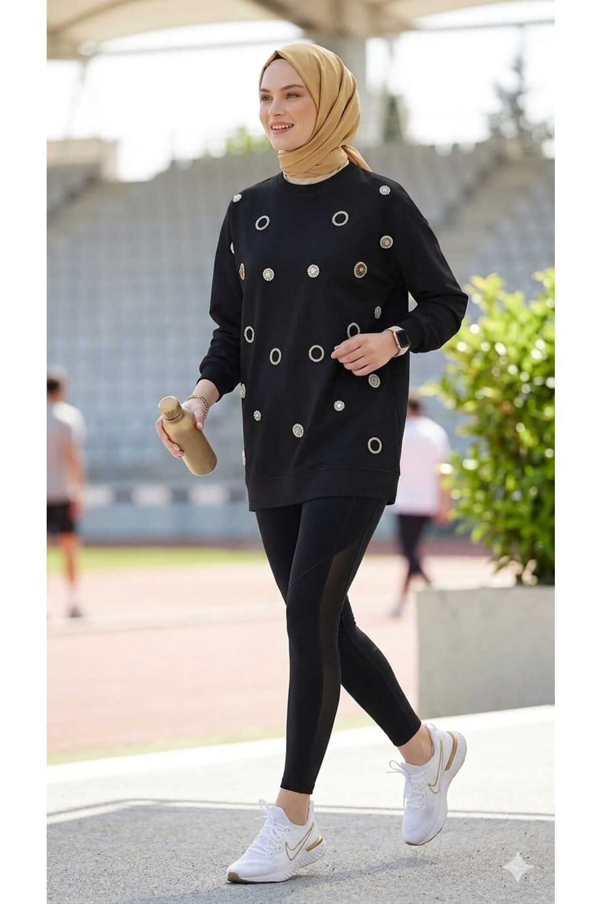 Butik Boncuk İşlemeli Rahat Spor Sweattshirt Tunik