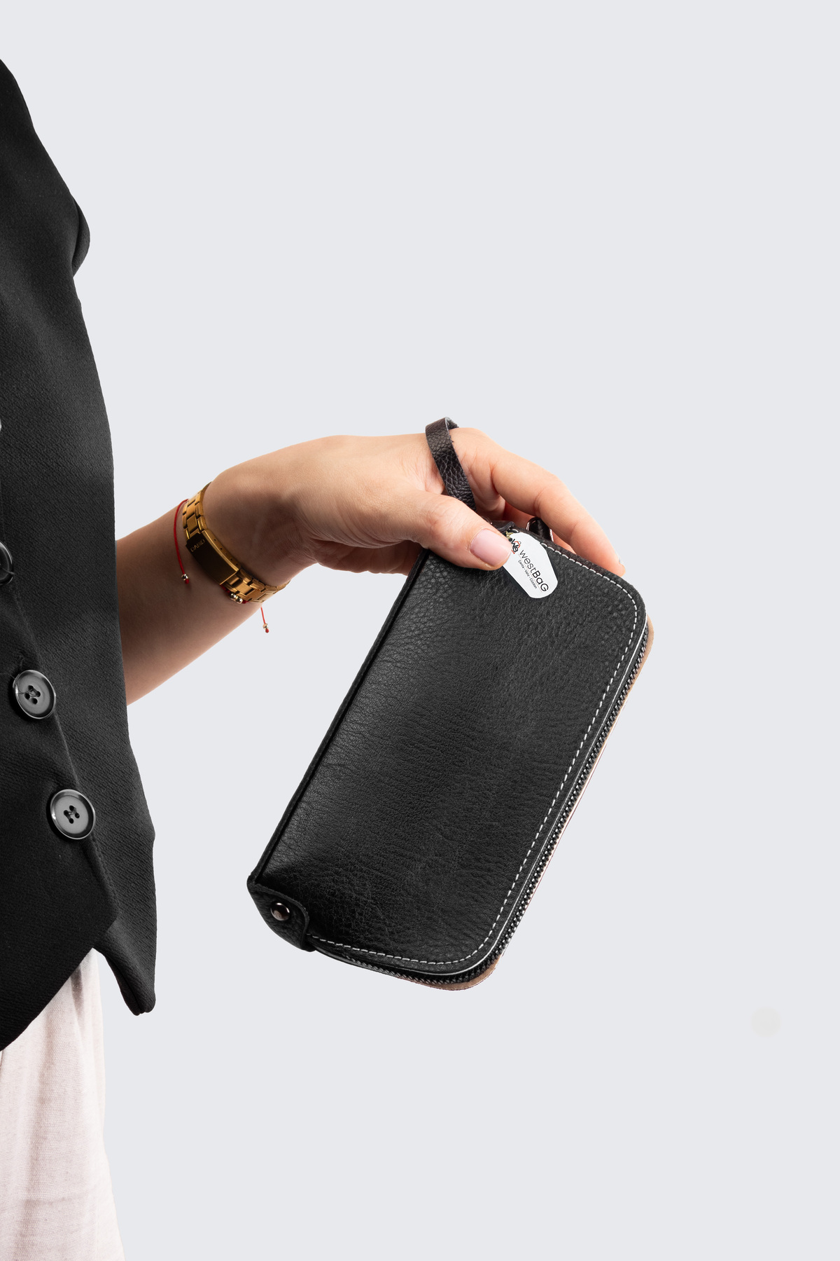westbag Unisex Siyah Hakiki Dana Derisi Bileklikli El Tutmalı Clutch Çanta görsel 2