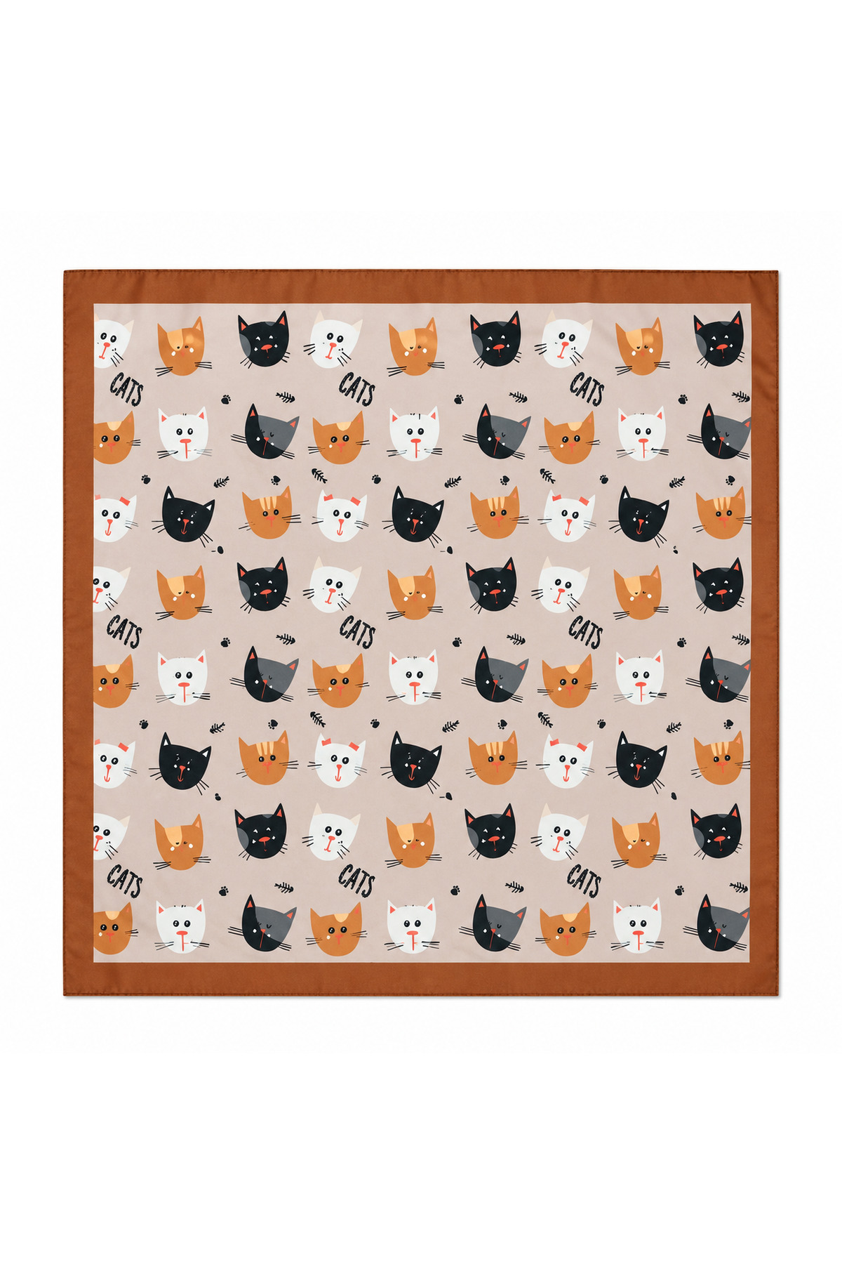 Kedi Desenli 50x50 Saten Fular Kadın Boyun Fuları Kahve Tonlu